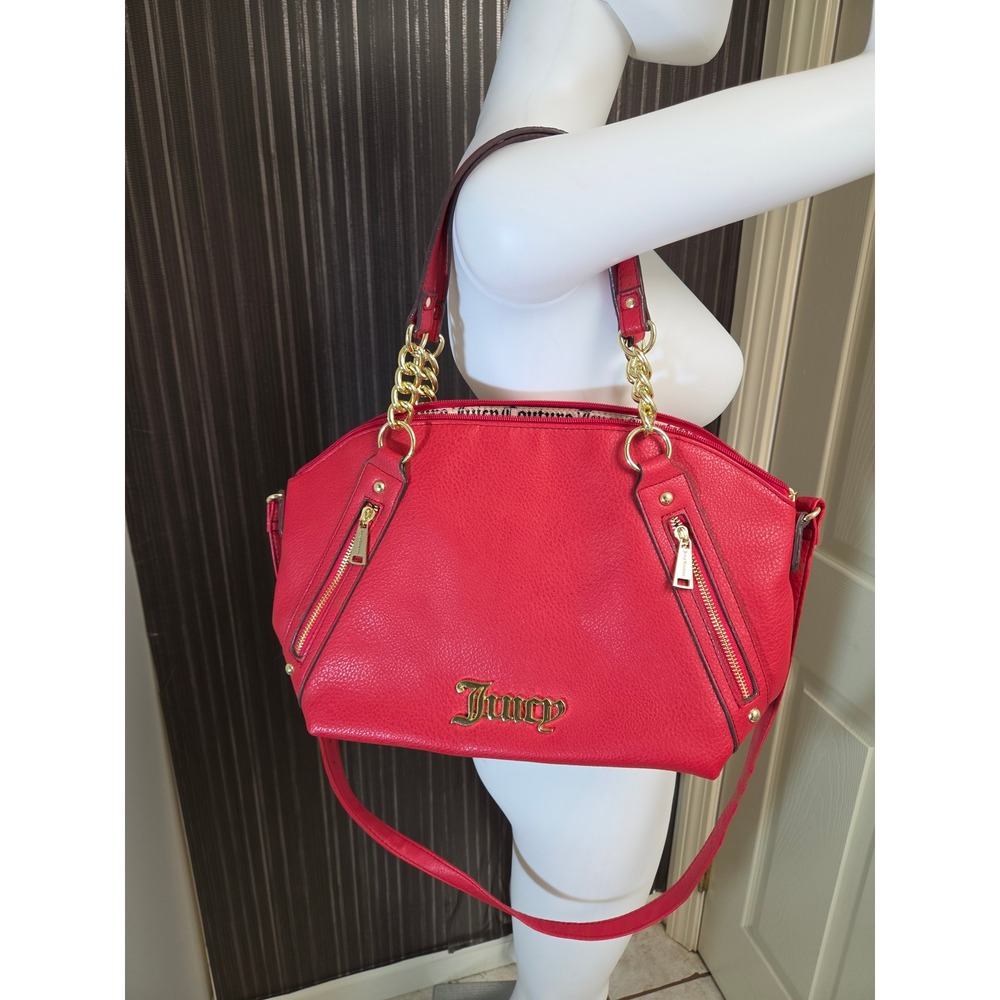 Juicy Couture Red Pebbled Faux Leather Satchel Crossbody Bag Gold Hardware